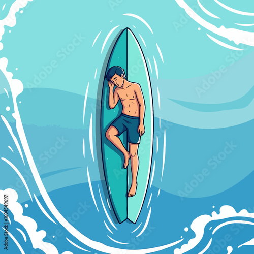 A surfer lying on a surfboard, sunbathing and relaxing while floating on the ocean under the warm sun. Perfect for posters, books, and online articles about surf culture and beach lifestyle