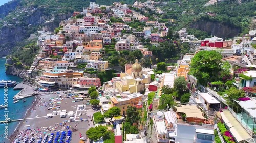 Positano. Amalfi coast. Italy. Incredible colors and views. Drone view. View from above. Buildings and landmarks of Positano. Drone view of Positano. Boats and yachts. High-resolution photo. 