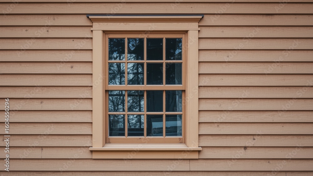 A traditional storm window with twelve small glass panes, framed in wood, attached to a wooden clapboard exterior wall featuring thin horizontal pine boards. A traditional storm window with twelve small glass panes, framed in wood, attached to a wooden clapboard exterior wall featuring thin horizontal pine boards.