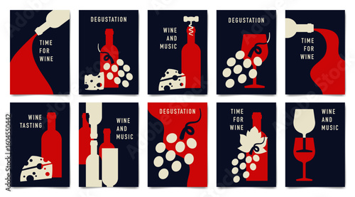 Set of minimalist wine tasting poster design. Flat vector illustration. Bottles of wine, glasses, grape and cheese.	