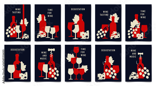 Set of minimalist wine tasting poster design. Flat vector illustration. Bottles of wine, glasses, grape and cheese.	