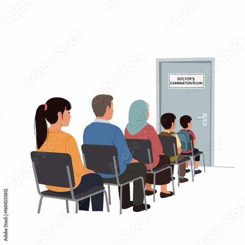 A group of patients waiting in line in front of a doctor’s examination room for routine health checkups and follow-up medical consultations. Suitable for posters, book covers, or online articles about