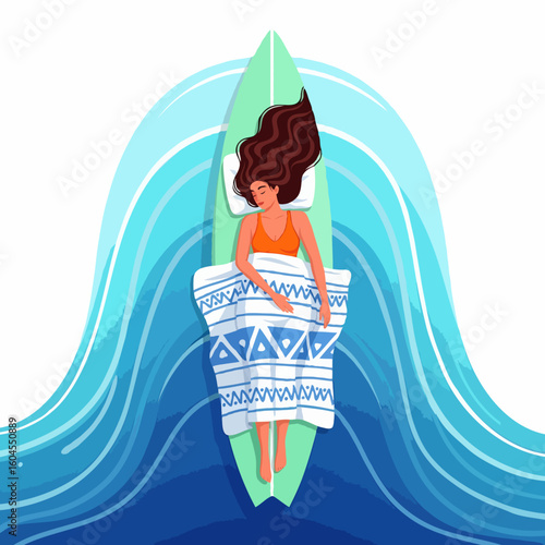 A surfer lying on a surfboard, sunbathing and relaxing while floating on the ocean under the warm sun. Perfect for posters, books, and online articles about surf culture and beach lifestyle