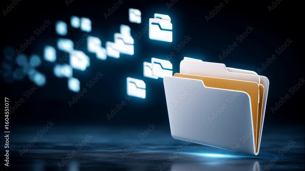 Digital folder with glowing file icons symbolizing data transfer, digital storage, and technology dark environment with blue light effects for data