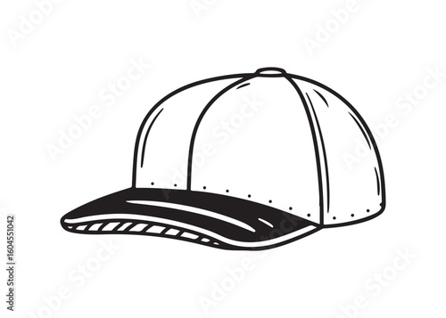 Hand-drawn Baseball Cap:  Black and White Line Art, Casual Style, Blank Template.