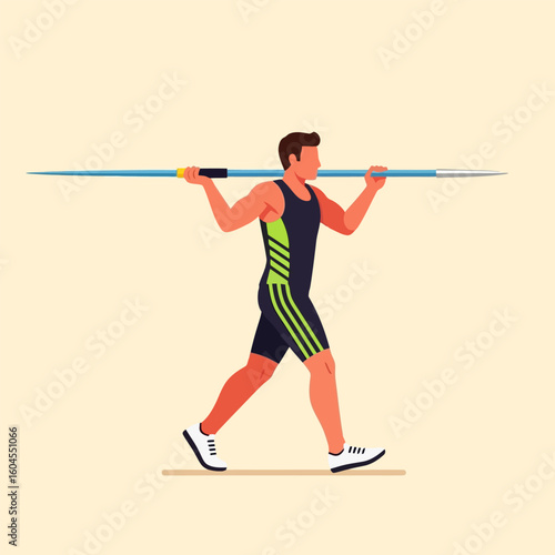 Man Walking Holding Javelin Preparing to Throw Sport Athlete