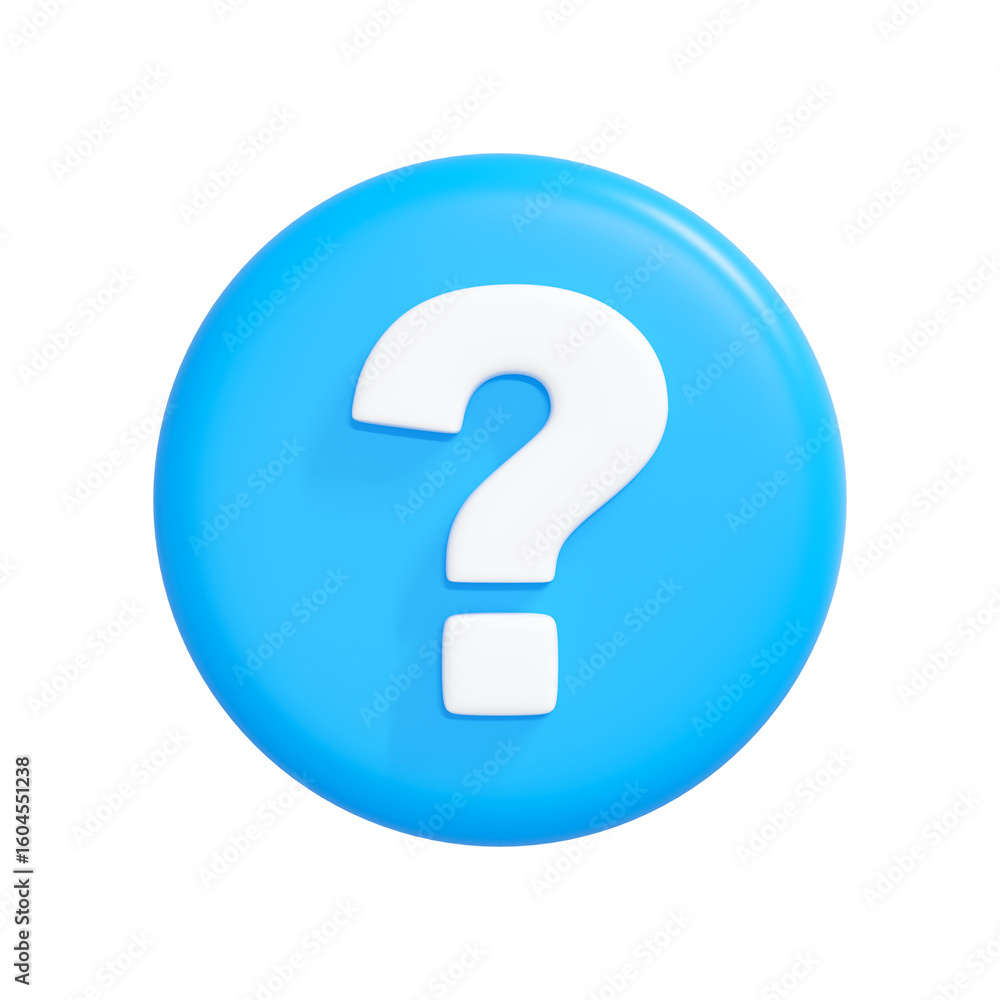Glossy white question mark on blue circular button, 3D icon symbolizing help, inquiry or support on white background Glossy white question mark on blue circular button, 3D icon symbolizing help, inquiry or support on white background