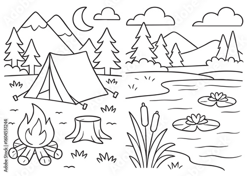 Black and white coloring page featuring a camping scene with a tent, campfire, lake, lily pads, reeds, and pine trees under the night sky with mountains and moon. Fun and simple cartoon style for