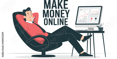 Man relaxing in chair with computer showing graphs and text make money online in background design concept