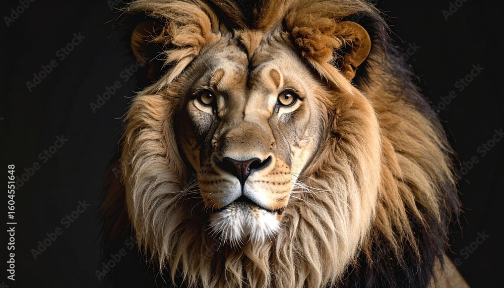 Naklejka premium Close-up of a lion with thick golden mane and intense gaze, captured in natural outdoor setting with soft greenery in the background.
