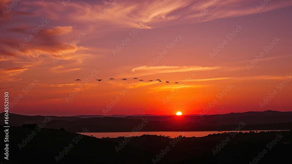 Naklejka premium Magnificent twilight setting with natural landscape and flying birds