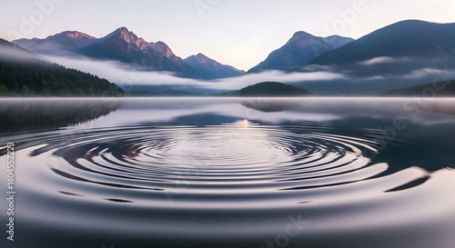 Tranquil mountain lake at dawn with ripples and misty fog creating a serene natural landscape