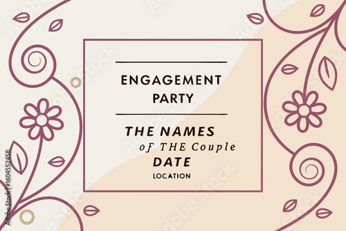 Engagement party invitation with floral design elements and customizable text fields for names and details