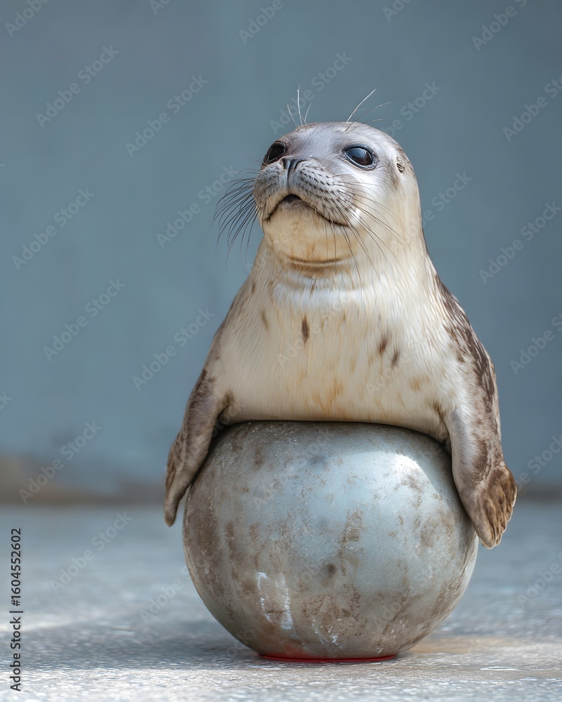 Fototapeta premium Curious seal balancing on a small ball, showcasing its playful nature in a serene environment