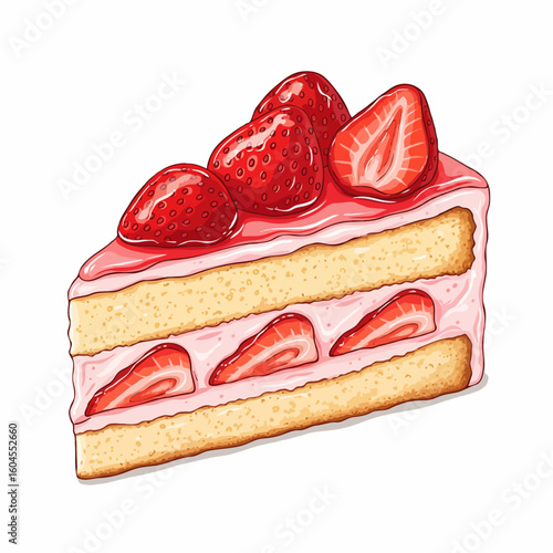 A mouthwatering slice of cake topped with chocolate, fresh strawberries, and mixed berries. Perfect for parties, celebrations, or special events. Great for posters, book covers, or online