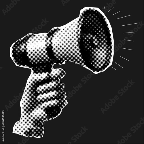 Announcement design elements, hand holding megaphone with halftone dotted texture,trendy collage design element