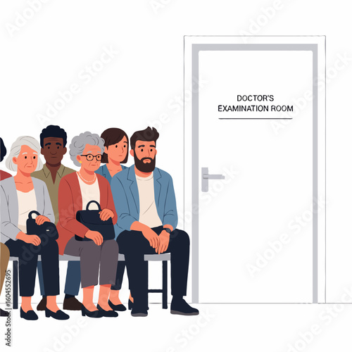 A group of patients waiting in line in front of a doctor’s examination room for routine health checkups and follow-up medical consultations. Suitable for posters, book covers, or online articles about