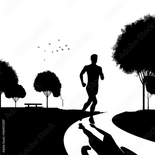 Black and White Vector Silhouette of a Man Jogging on a Trail