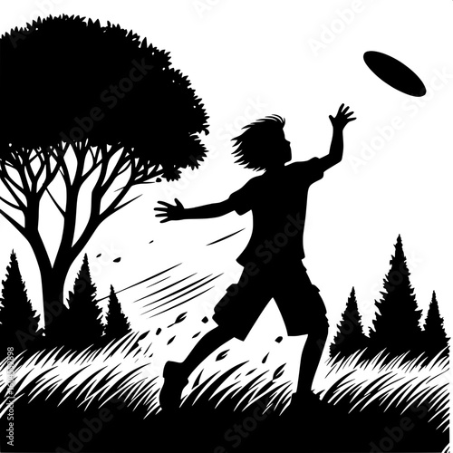 Black and White Vector Silhouette of a Boy Playing with a Frisbee