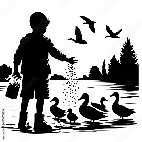Black and White Vector Silhouette of a Boy Feeding Ducks at a Pond