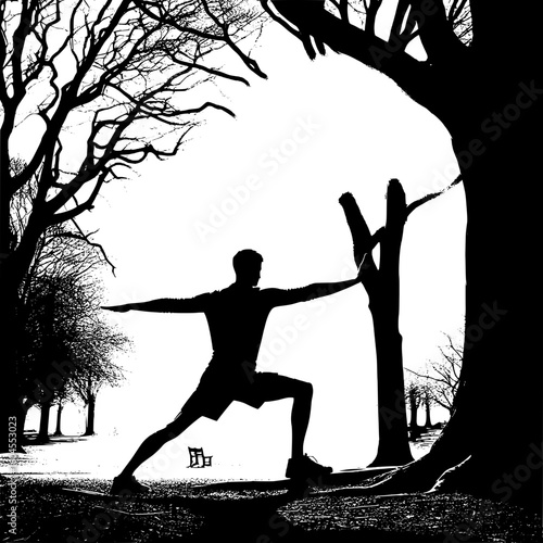 Black and White Vector Silhouette of a Man Stretching Beside a Tree