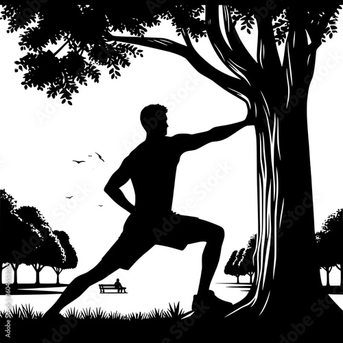 Black and White Vector Silhouette of a Man Stretching Beside a Tree