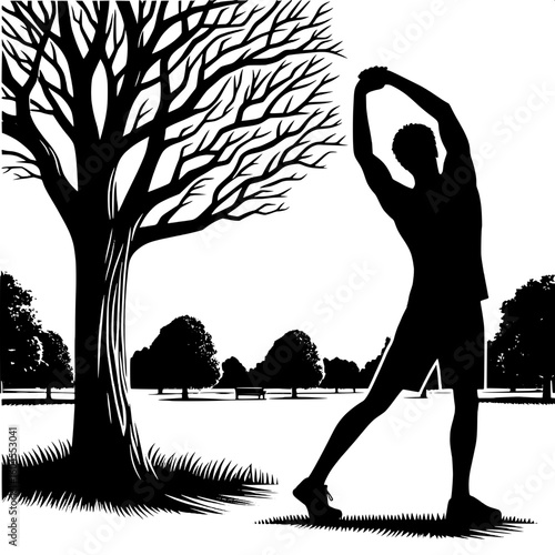 Black and White Vector Silhouette of a Man Stretching Beside a Tree