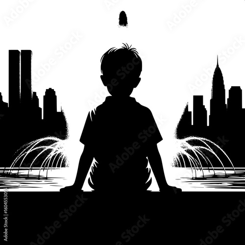 Black and White Vector Silhouette of a Boy Sitting by a Fountain