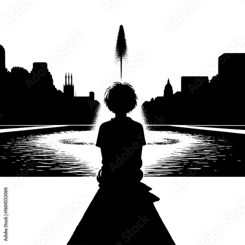 Black and White Vector Silhouette of a Boy Sitting by a Fountain