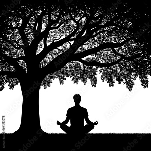 Black and White Vector Silhouette of a Man Sitting Cross-legged Under Tree
