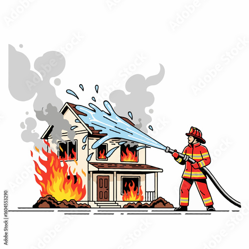 A courageous firefighter works hard to extinguish a burning house with a water hose. This difficult and dangerous job shows true bravery and dedication. Perfect for posters, book covers, or online art
