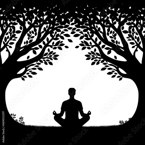 Black and White Vector Silhouette of a Man Sitting Cross-legged Under Tree