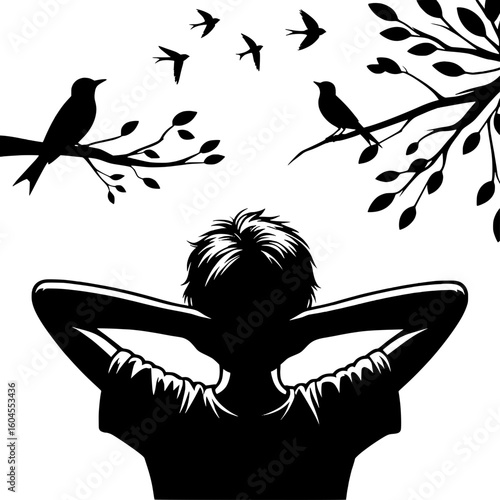 Black and White Vector Silhouette of a Boy Watching Birds in a Tree