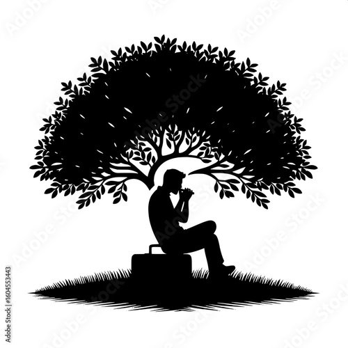 Black and White Vector Silhouette of a Man Playing a Harmonica Under Tree