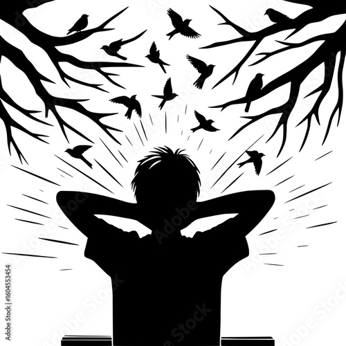 Black and White Vector Silhouette of a Boy Watching Birds in a Tree