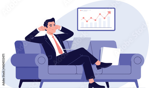 Man relaxing on couch with laptop and chart showing growth in background in a flat illustration