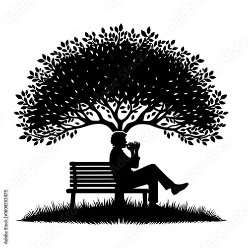 Black and White Vector Silhouette of a Man Playing a Harmonica Under Tree