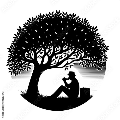 Black and White Vector Silhouette of a Man Playing a Harmonica Under Tree