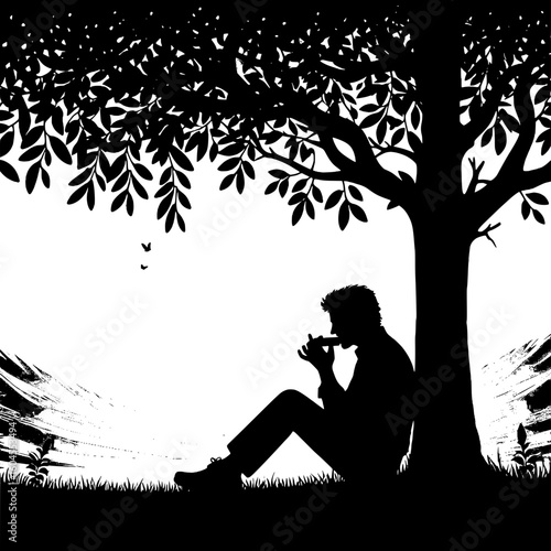 Black and White Vector Silhouette of a Man Playing a Harmonica Under Tree