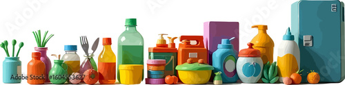 Lively assortment of plastic bottles containers and household goods in bright cheerful colors on a white background