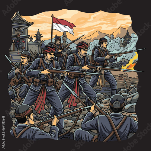 Indonesian soldiers fiercely battle amidst a fiery landscape, defending their homeland under a national flag.
