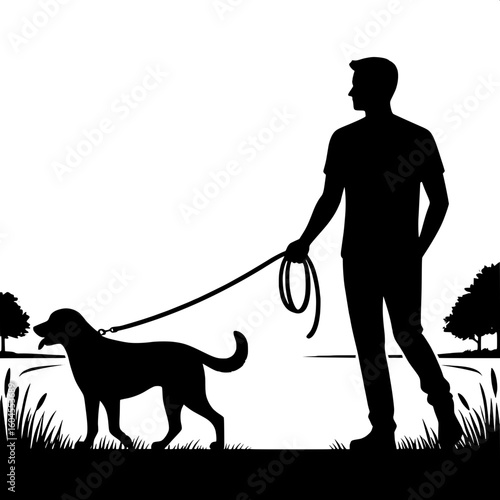 Black and White Vector Silhouette of a Man Walking a Dog on a Path