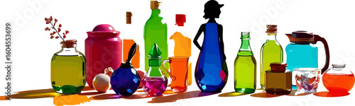 Collection of glass bottles and jars filled with colorful liquids and decorative elements displayed on a white background