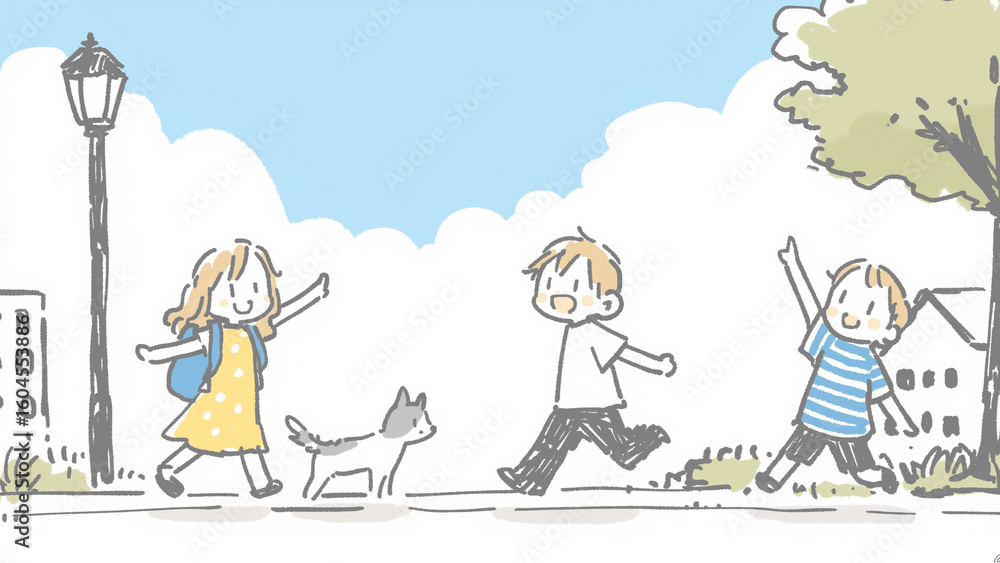 Fototapeta premium 公園を散歩する子供たちと犬のイラスト - 楽しい通学路の風景