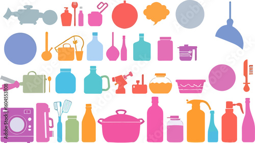 A diverse collection of colorful household items including bottles appliances and cookware presented in an organized manner