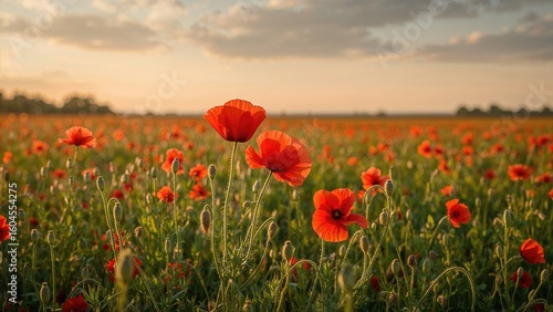 Fototapeta Naklejka Na Ścianę i Meble -  A sunset scene featuring bright red poppies in sharp focus against a blurred background.