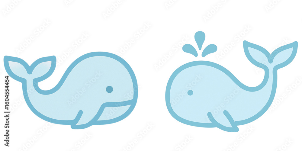 Fototapeta premium Two light blue whale icons with dark blue outlines on a white background on transparent background silhouette
