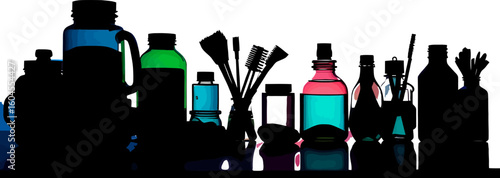 A striking silhouette of diverse bottles jars and containers in dark hues presented as a bold and graphic collection against a clean minimalist background