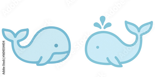 Two light blue whale icons with dark blue outlines on a white background on transparent background silhouette