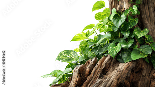 Green Jungle Plants Growing on a Tree Trunk isolated on transparent background